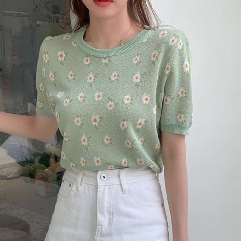 Áo Thun Ngắn Tay Cổ Tròn Họa Tiết Hoa Xinh Xắn Dành Cho Nữ