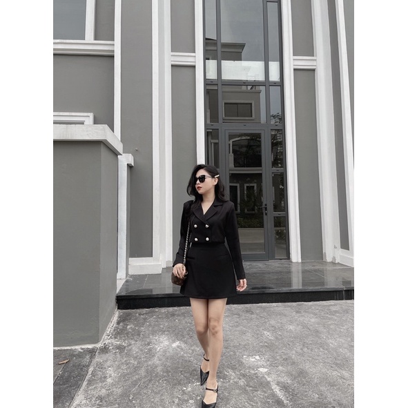 S0701 Set áo vest lửng tay dài và chân váy chữ A lót quần