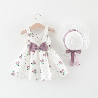 Đầm sát nách chấm bi hình quả cherry + nơ cho bé gái