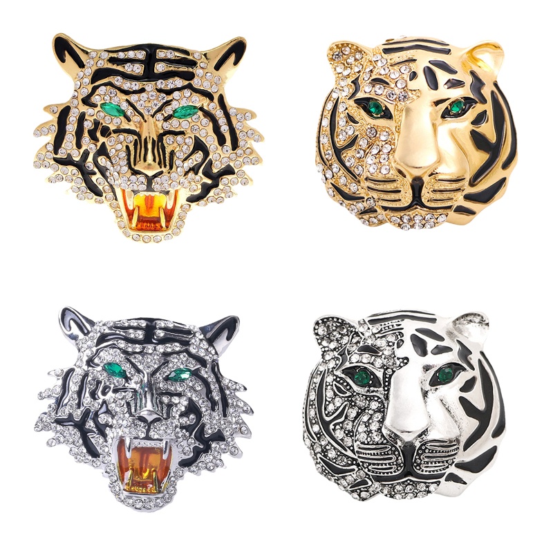 Ghim Cài Áo Hợp Kim Hình Đầu Hổ 3D Đính Pha Lê Lấp Lánh Sang Trọng
