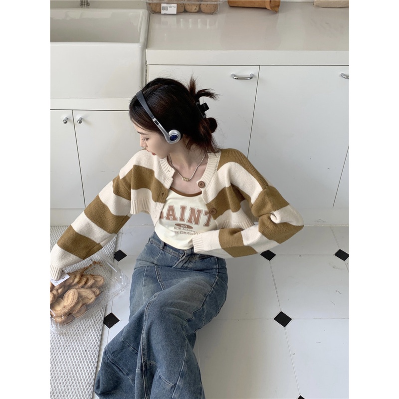 Áo Dệt Kim Ngắn Kẻ Sọc Màu Sắc Tương Phản Phong Cách Vintage Dành Cho Nữ