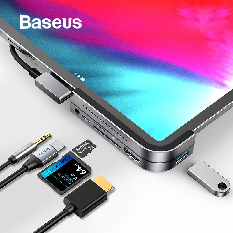 Bộ chuyển đổi USB Hub Type C mở rộng kết nối 6 in 1 USB 3.0 HDMI ,PD, Thẻ nhớ SD TF cho iPad Pro, điện thoại, Laptop, PC