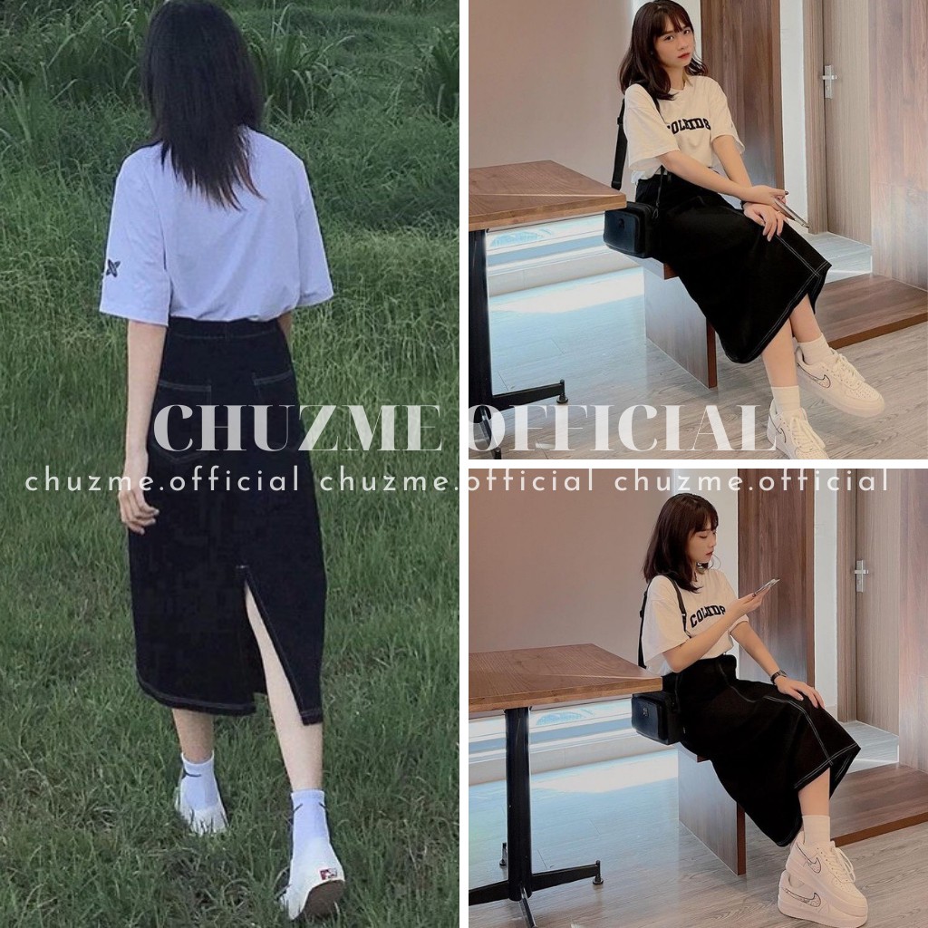 Chân váy jeans ulzzang dáng dài xẻ tà viền chỉ, chân váy bò dáng chữ A chun lưng