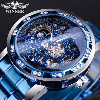 Image of Winner 透明鑽石設計藍色機械表男士不銹鋼帶骨架手錶頂級品牌豪華夜光鐘