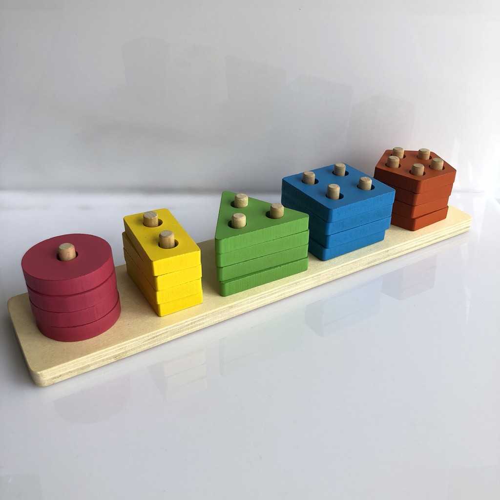 Giáo Cụ Montessori Thả Hình Khối Trên Thanh Bằng Gỗ Nhiều Màu Sắc Cho Bé