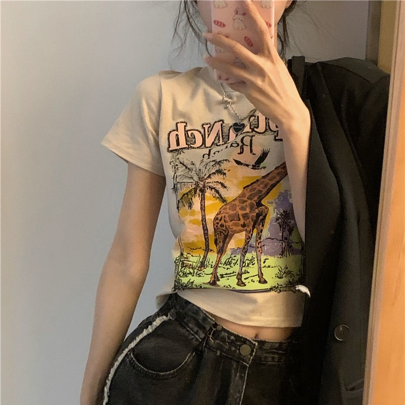Áo Thun Ngắn Tay In Họa Tiết Hươu Cao Cổ Cổ Điển Dành Cho Nữ