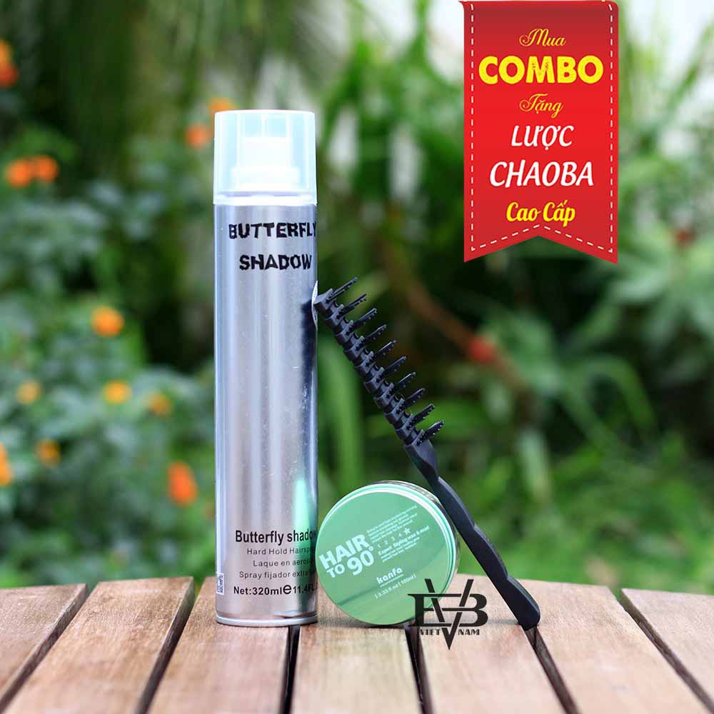 COMBO Sáp vuốt tóc Hair To 90 Xanh Kanfa 100ml + Gôm xịt tóc Butterfly Shadow 320ml +Tặng lược tạo kiểu cao cấp Chaoba