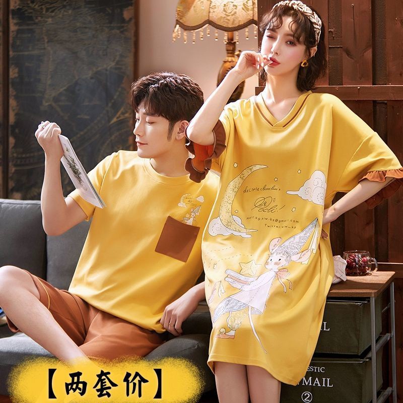 Bộ Đồ Ngủ 2 Món Áo Tay Ngắn + Quần Short Bằng Cotton In Họa Tiết Dễ Thương Thời Trang Mùa Hè Cho Cặp Đôi