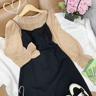 Set áo nude chấm bi + yếm 2d đen