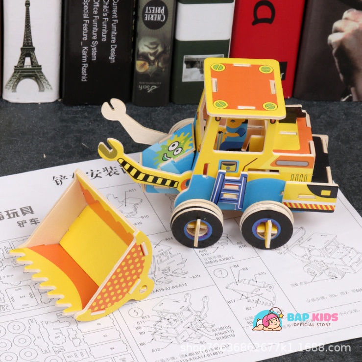 Đồ chơi lắp ghép mô hình 4 mẫu xe công trường bằng gỗ, DIY lắp ráp cho bé phát triển trí tuệ
