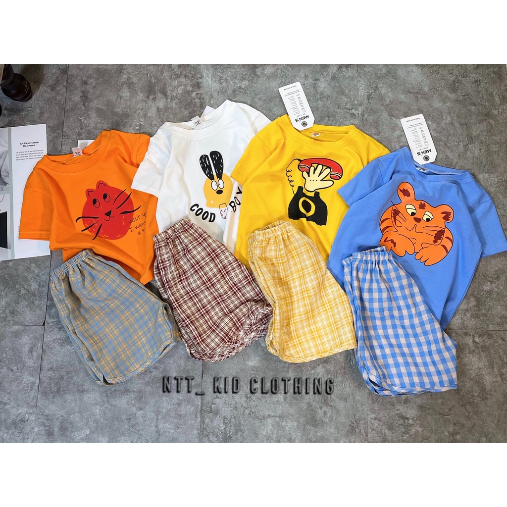 Đồ Bộ Cộc Tay Bé Trai, Bé Gái Áo Cotton QC Phối Quần Thô Đũi Kẻ Caro, Bộ Cho Bé Mặc Đi Chơi - AN.KID