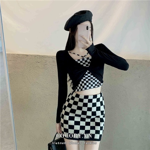 Set Áo Thun Croptop Tay Dài + Chân Váy Chữ A Lưng Cao Ôm Dáng Thời Trang Cho Nữ