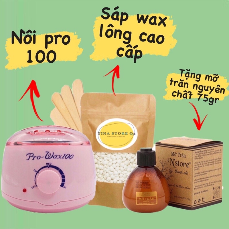 Combo triệt lông sáp wax nóng wax lông, nồi nấu sáp pro wax 100 tặng kèm mỡ trăn nguyên chất giúp làm sạch lông