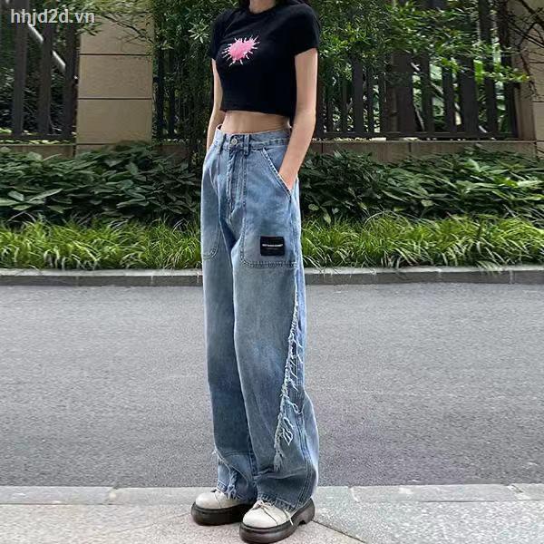 Quần vải denim ống rộng dáng dài lưng cao thời trang cho nữ