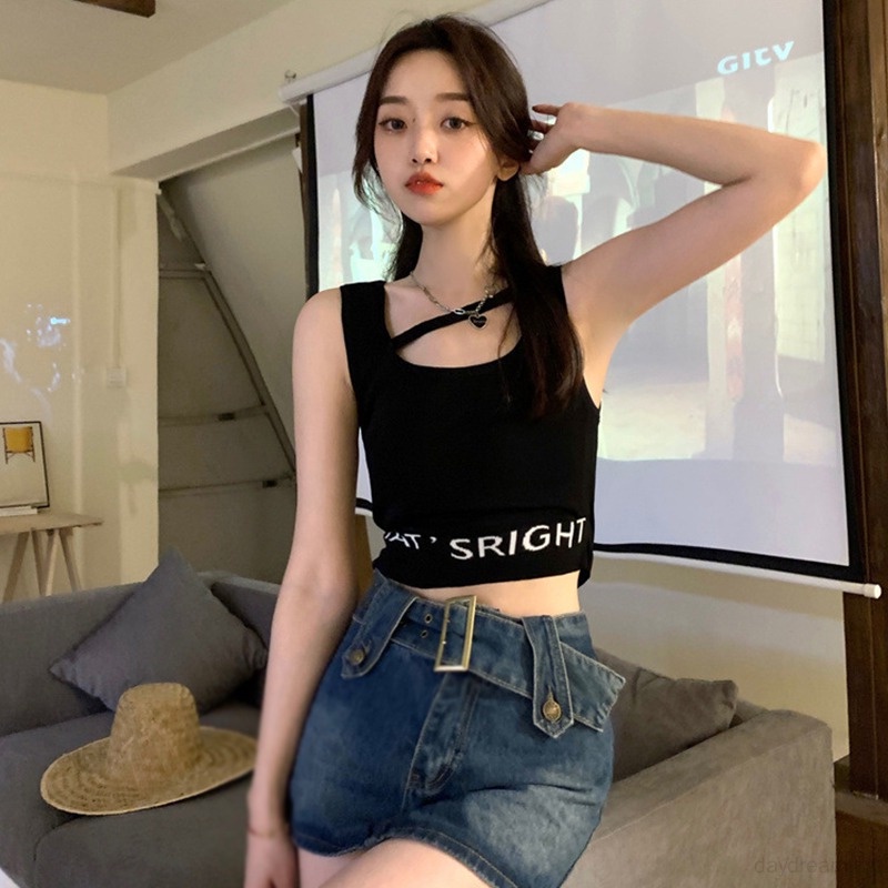 Áo Croptop Dệt Kim Sát Nách Dáng Ôm In Chữ Phong Cách Hàn Quốc Thời Trang Cho Nữ