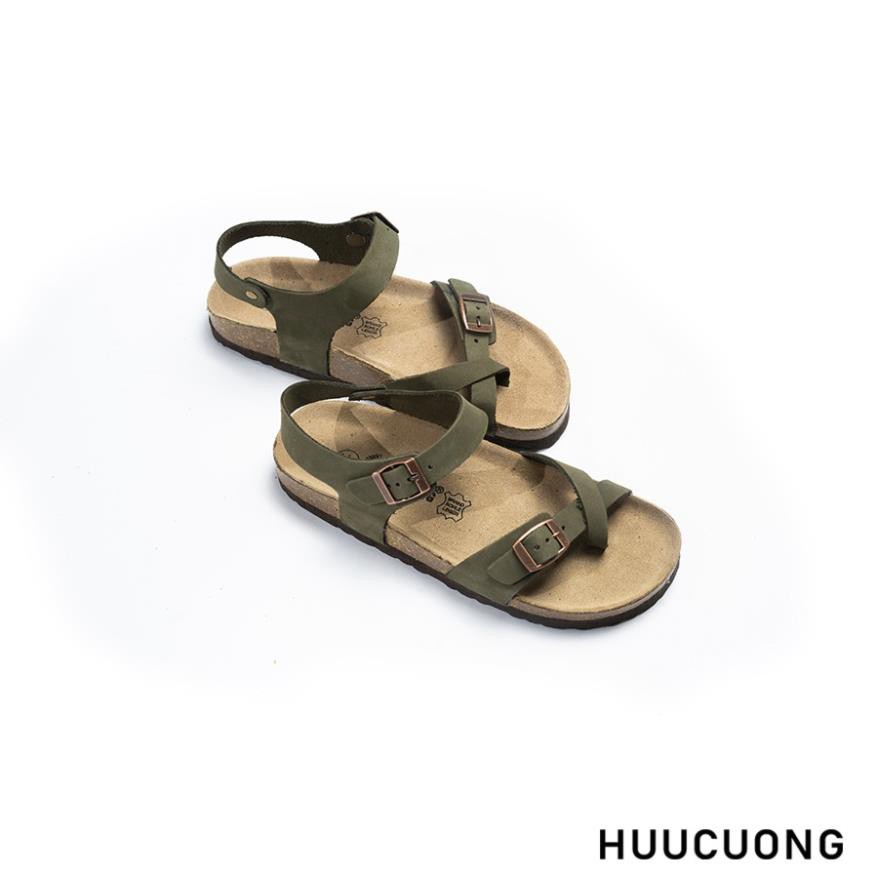 Giày Sandal Xỏ Ngón HUUCUONG Quai Da Thật Màu Xanh Rêu Đế Trấu