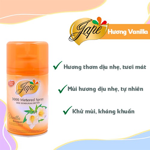 Lõi xịt thơm phòng Jape hương Vanilla thơm mát dịu nhẹ, chống ẩm mốc - Bình Refill  - 300ml
