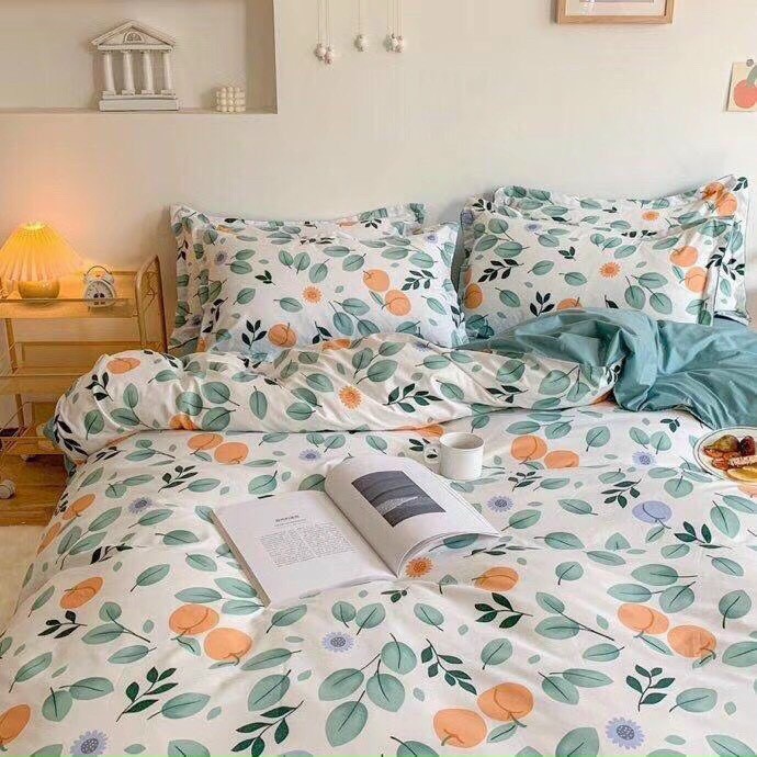 Bộ Chăn Ga Gối Phong Cách Hàn Quốc - Họa Tiết Quả Quất ( KHÔNG KÈM RUỘT )