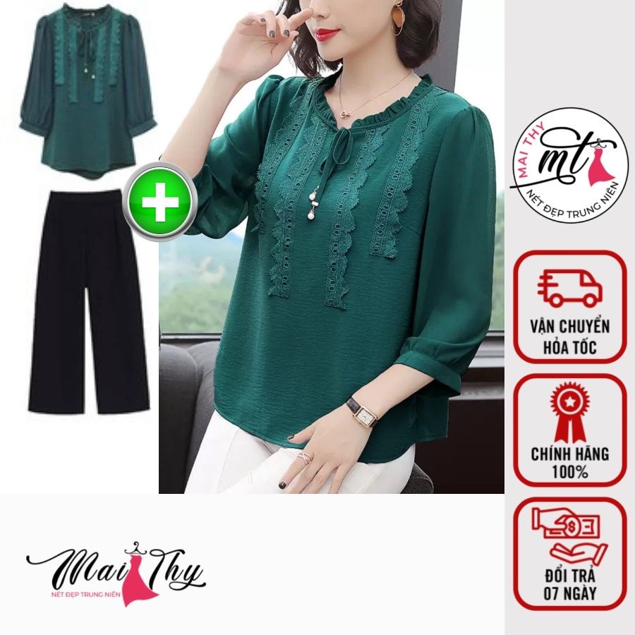 Bộ Quần Áo Trung Niên S569, Set Áo Cổ Bèo Phối Quần Thun Trung Niên Ladong Big Size | Thời Trang Trung Niên Mai Thy