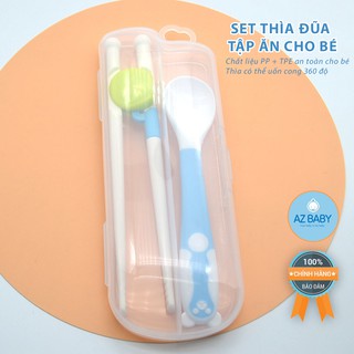 Sét thìa dĩa, thìa đũa Silicon 2 chiếc uốn cong, kèm hộp đựng cho bé - AZ Baby AZ002
