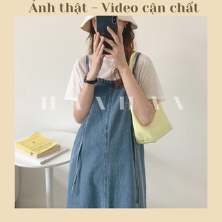 Váy yếm bò đầm denim nữ dáng dài có quai điều chỉnh độ dài linh hoạt xẻ gấu phong cách thanh lịch nữ tính