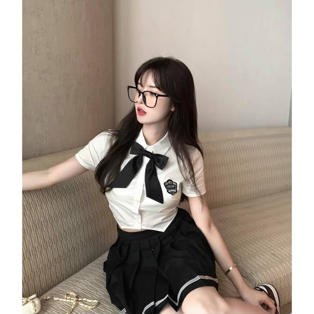 🍒 Set Áo Sơ Mi Kèm Nơ Xinh Xắn Và Chân Váy Xếp Ly Cho Nữ🍒🍒