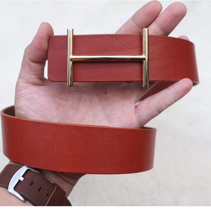 Thắt lưng da thuộc thảo mộc mặt thép không gỉ chữ H handmade