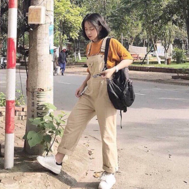 Quần yếm kaki , Yếm nữ 2 dây kaki nam nữ 2 túi ngực unisex(2 màu Đen và Be 3 size S,M,L) | BigBuy360 - bigbuy360.vn