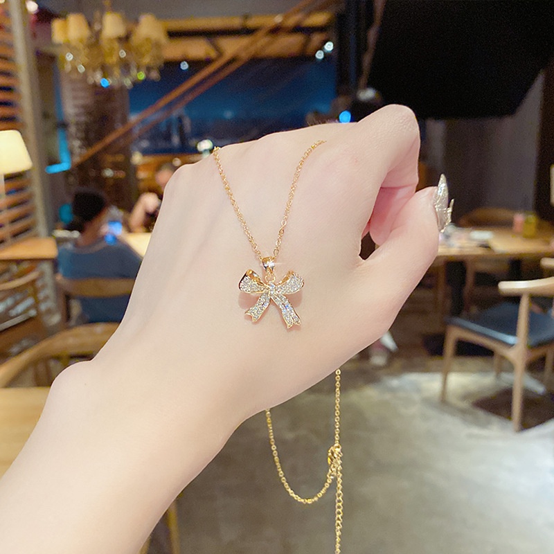 XiaoboACC Vòng cổ mặt nơ bằng thép titan mạ vàng 18K - 38CM+6CM