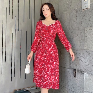 Đầm Nữ NHẬT VY Hoa Nhún Ngực Viền Ren Cổ Phối Tay Dài Chất Mango Đầm Đi Chơi Màu Đỏ, Vàng - D2268