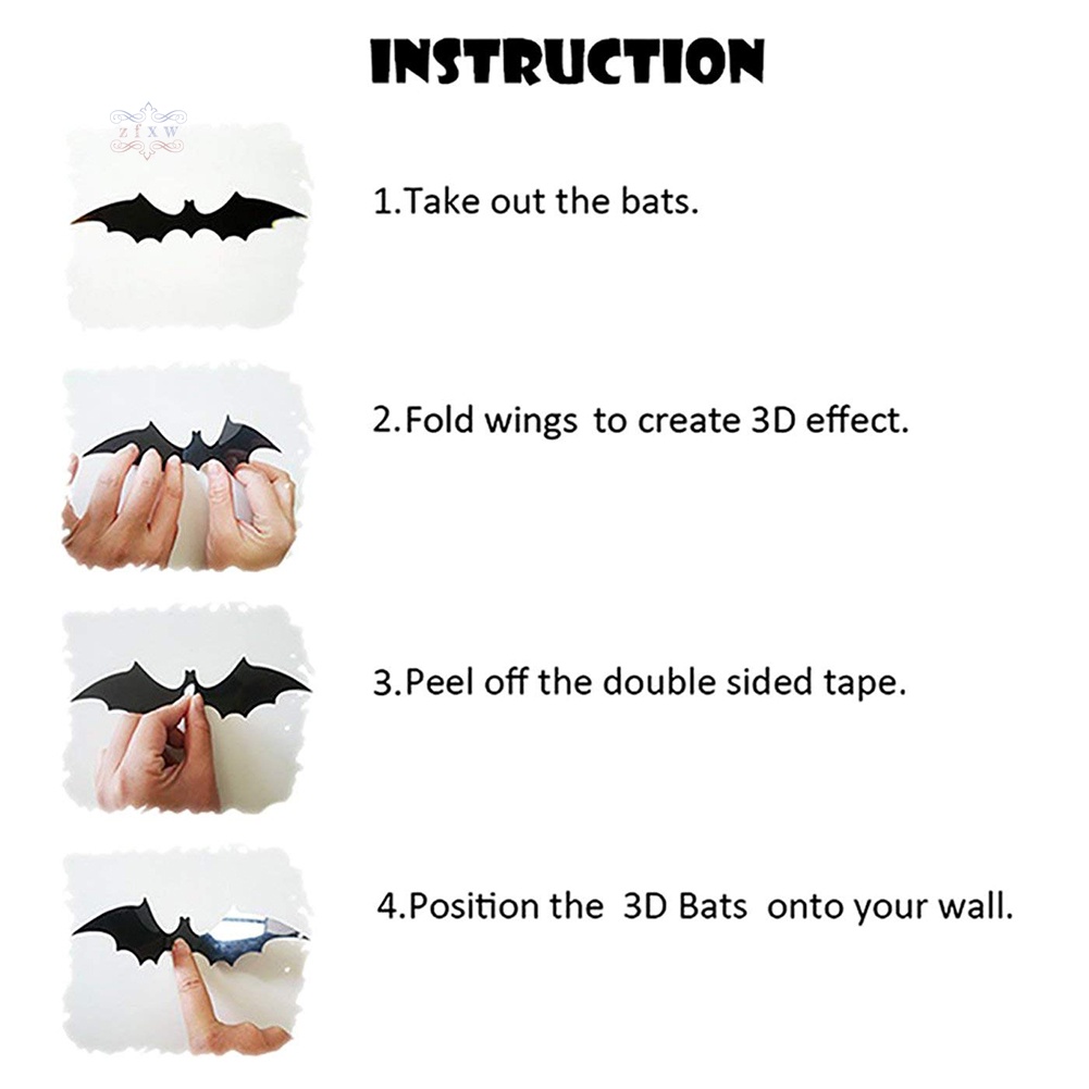 Set 12 / 60 Sticker Dán Tường Hình Dơi 3D Đáng Sợ Trang Trí Halloween