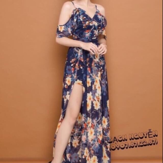Đầm maxi voan hoa xẻ đùi