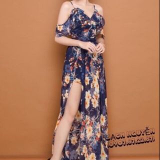 Đầm maxi voan hoa xẻ đùi