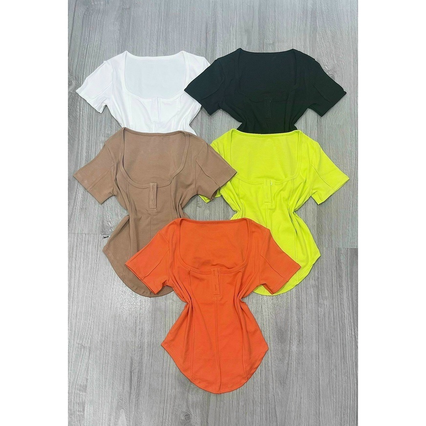 Áo kiểu tay ngắn viền gân tà nhọn cài nút cực xinh , chất thun bozip mềm mịn