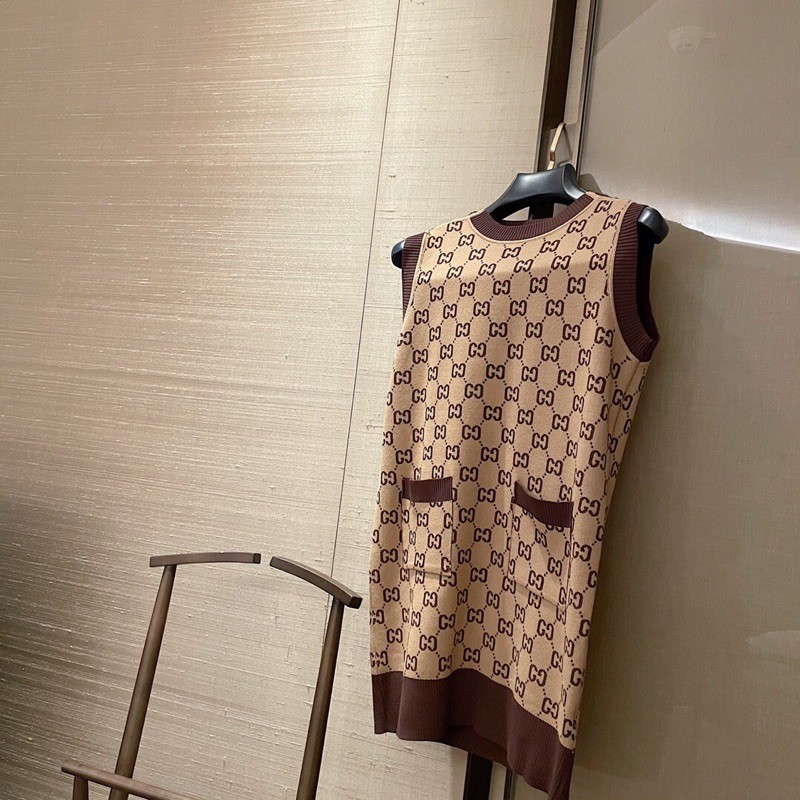 Váy suông Gucci GC thời trang hàng cao cấp in logo màu nâu siêu đẹp