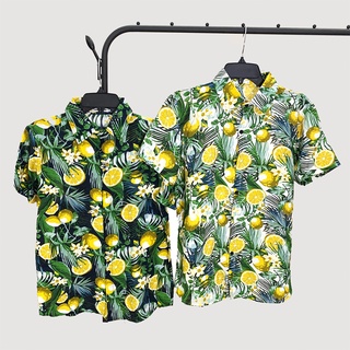 Áo hawaii đi biển họa tiết quả chanh, chất đũi mềm mát.