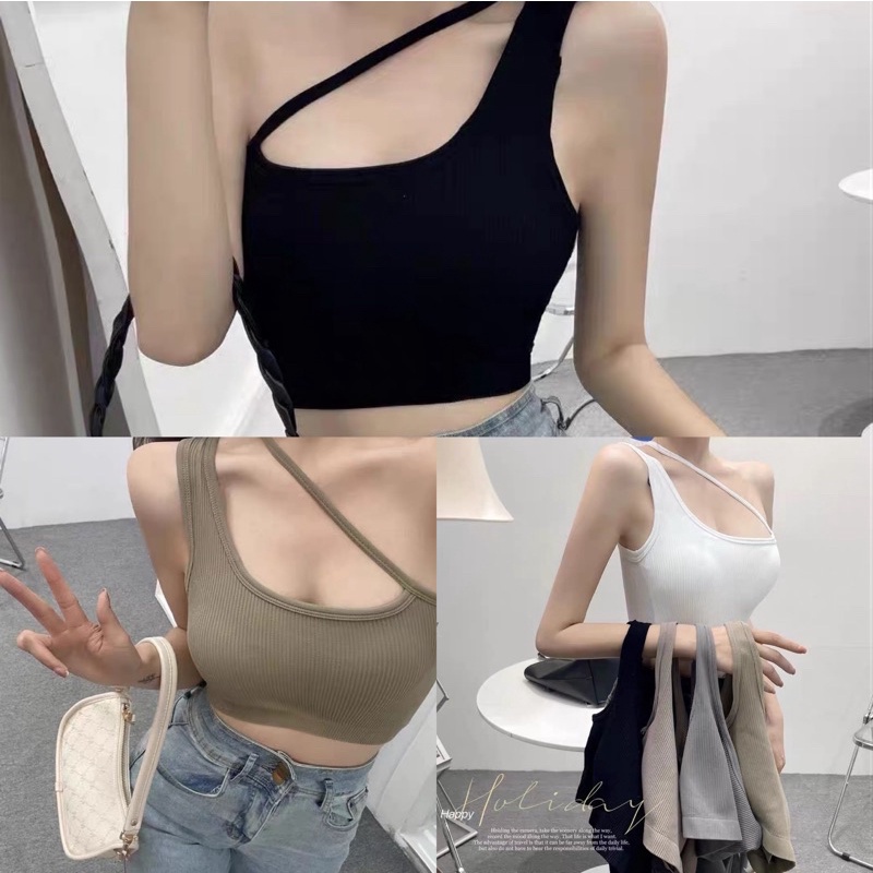 Áo kiểu croptop không tay dây một bên vai ôm dáng có đệm ngực thời trang thường ngày cơ bản cho nữ