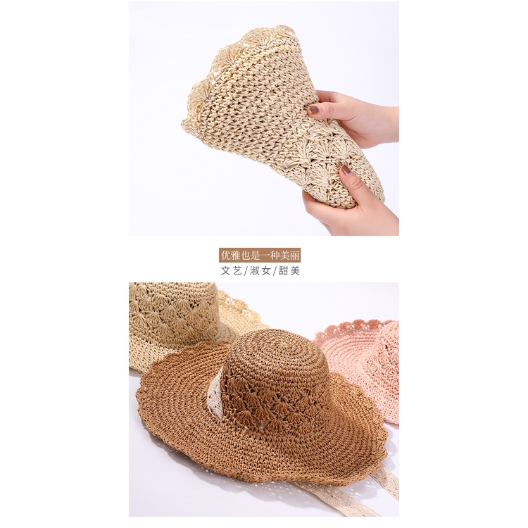nón nữ đi biển mũ rơm mềm tiểu thư dây ren - NC166