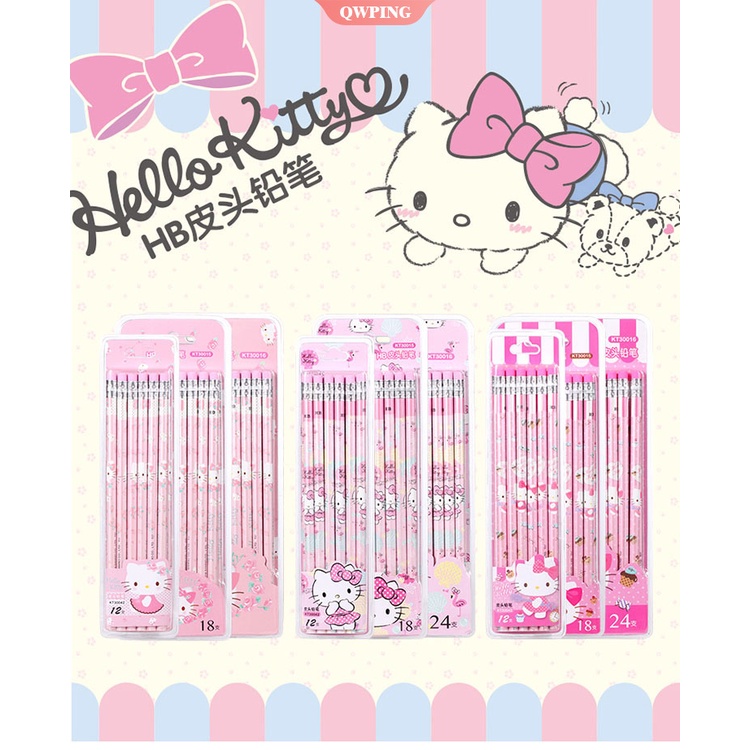 Bộ 12 Cây Bút Chì Bằng Da Hình Hello Kitty Dễ Thương Cho Bé Gái