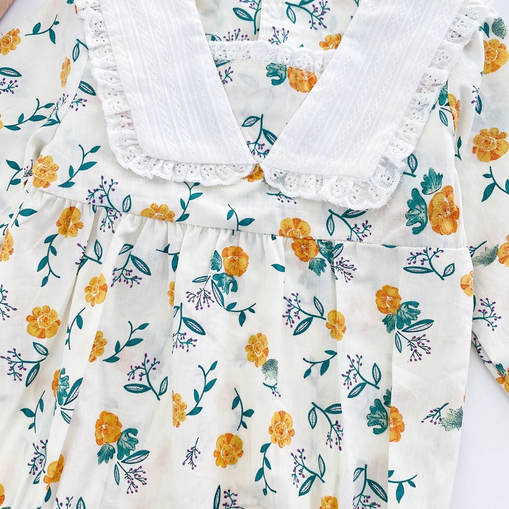 Áo liền quần SANLUTOZ tay dài in hoa kèm mũ thời trang mùa thu xinh xắn cho bé gái