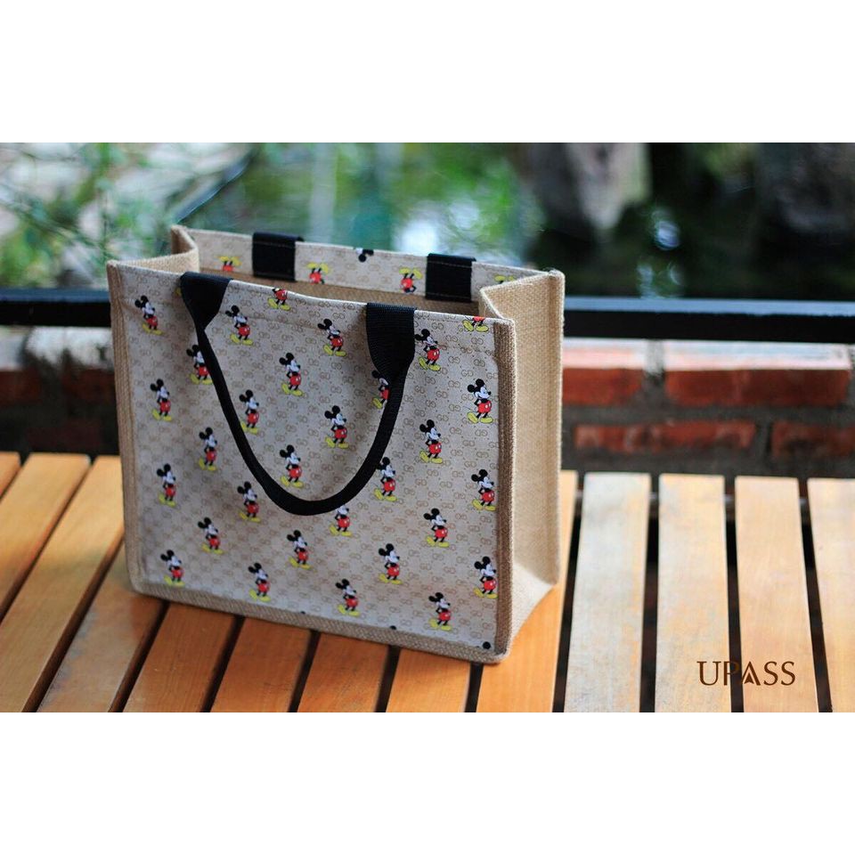 Túi cói phối họa tiết hai mặt hình Mickey [Quai da]