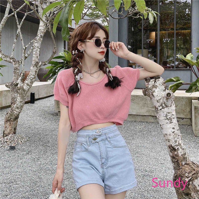 Áo croptop dệt kim ngắn tay thời trang mùa hè Hàn Quốc cho bé gái
