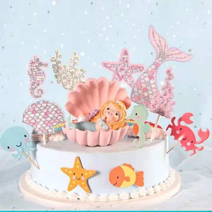 Set 3 Thẻ Giấy Hình Đuôi Cá Màu Hồng Trang Trí Bánh Kem