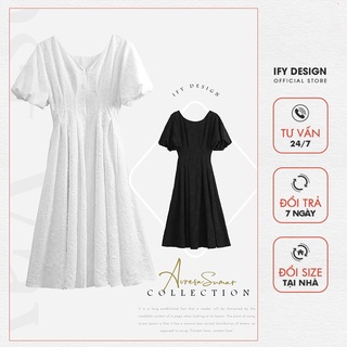 Váy đầm dài cổ tròn tay bồng đen, trắng [Thương hiệu IFY Design] - Hàng Thiết Kế Cao Cấp - FV133