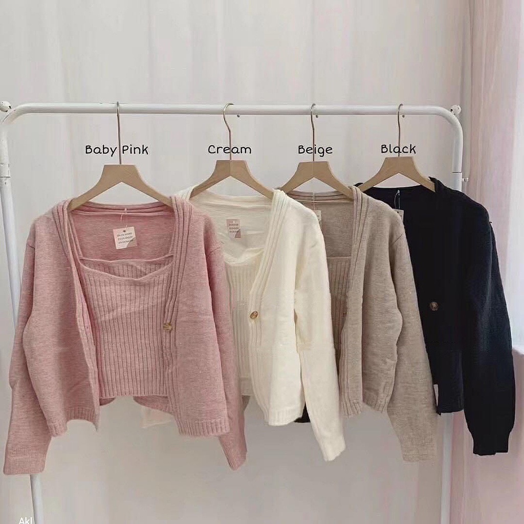 Set áo hai dây len kèm áo cadigan LYRA, chất len dày dáng croptop xinh xắn, nữ tính-VSYSE0028 | BigBuy360 - bigbuy360.vn