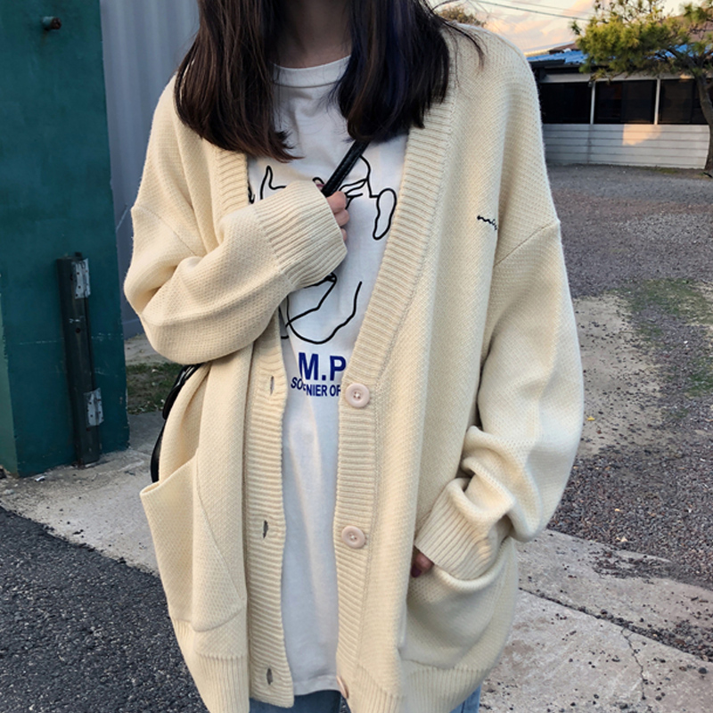 <Ready> Áo Khoác Len Cardigan Cổ Chữ V Thêu Chữ Đơn Giản Kiểu Hàn Quốc | BigBuy360 - bigbuy360.vn