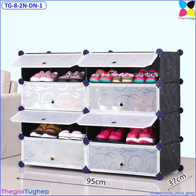 Tủ giầy nhựa lắp ghép 8 ô, 2 cột 4 tầng, có cửa, để được 16 đôi giày (màu: Đen vân, Vàng trơn, Xanh dương, Hồng phấn)