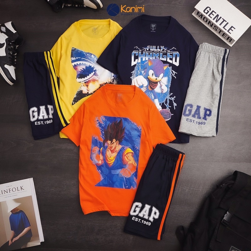 Đồ bộ tay ngắn thun cotton GAP KIDS bé trai đại 4-14T họa tiết Songoku, siêu anh hùng, xe, Sonic