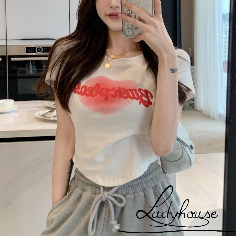 Áo Thun Crop Top Tay Ngắn Cổ Tròn In Hình Trái Tim Thời Trang Cho Nữ
