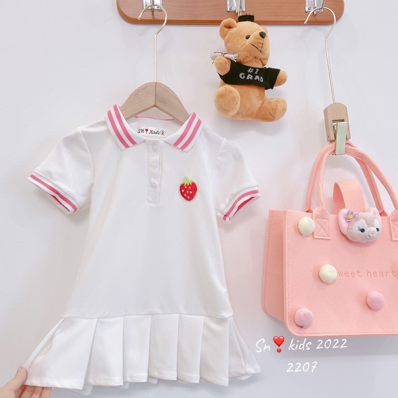 (9-30kg) Váy Xinh Thêu Dâu Vải Polo Cho Bé  Đi Học, Đầm Size Đại Cho Bé
